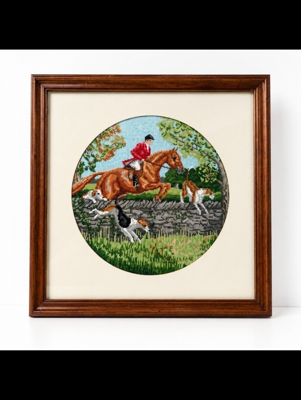 Vintage Sporting Masters Ltd Equestrian Fox Hunt Needlepoint Framed Art 16.5” - Picture 2 of 9
